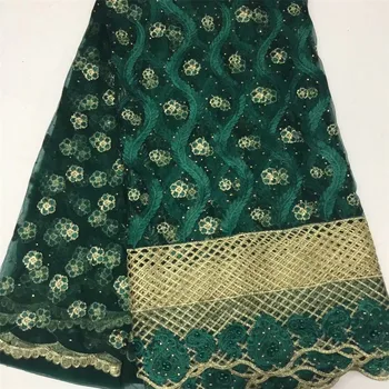 

Dark Green Nigerian french net lace tulle embroidered swiss voile african lace fabrics with stones beads 5yards/lot F369-1