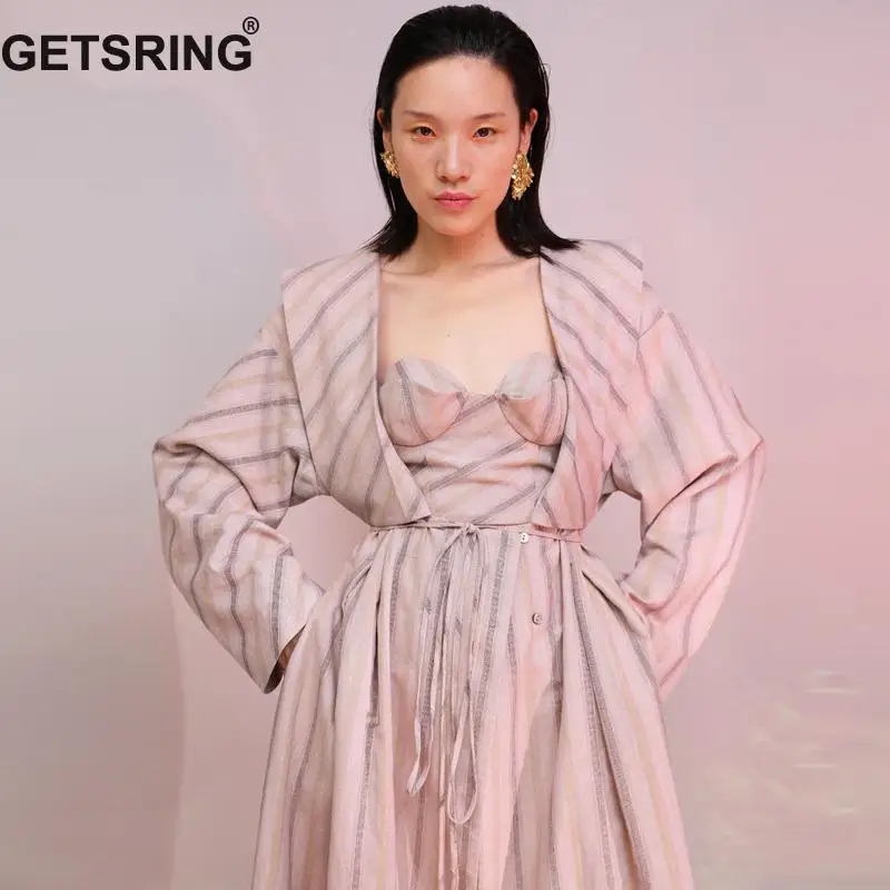 

GETSRING Women Dresses V Neck Striped Cotton Dress Jacquard Long Sleeve Stereo Cup Various Wear Long Dress With Strapless Autumn
