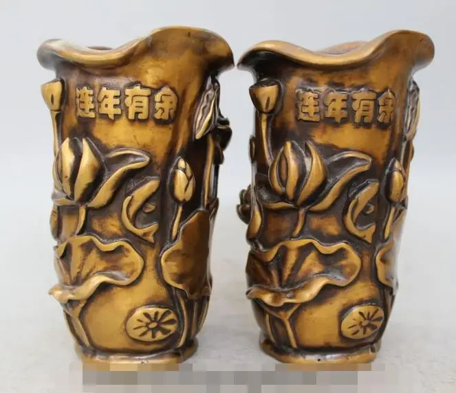 

S02293 9" Chinese Dynasty Palace Bronze lotus Fish Flower Bottle Vase Pot Statue Pair B0403