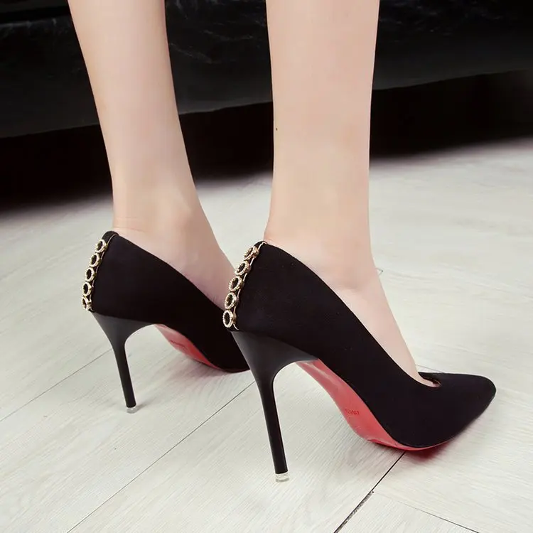 Pumps 2019 Suede women's shoes high heels New shallow mouth round rhinestone pointed black high heels