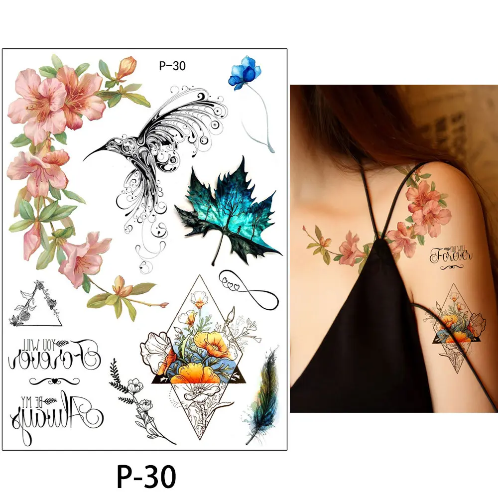 Glaryyears 25 дизайнов 1 лист акварельный рисунок татуировки P галактика цветок тела Временная наклейка татуировки стикер для женщин мужчин Уникальный - Цвет: P 30