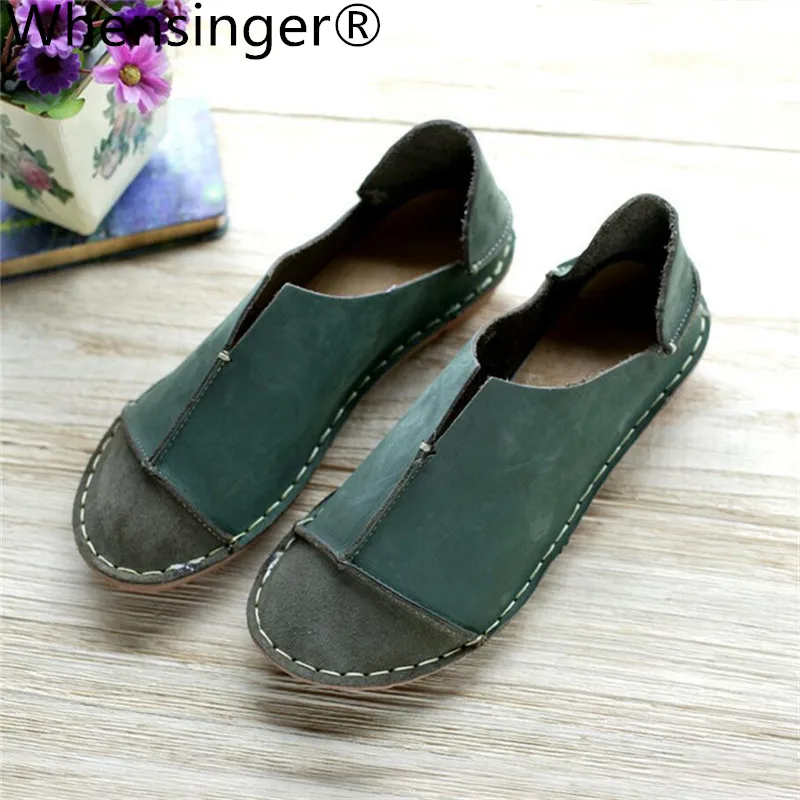 Whensinger - 2017 Woman Shoes Female Genuine Leather Loafers Stitched Slip-On Solid Round Toe Characteristic Fashion 988