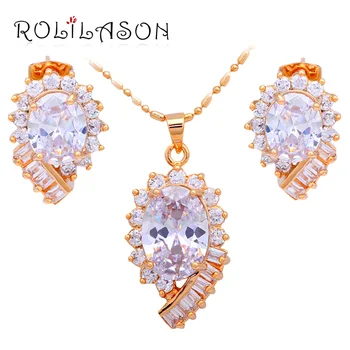 

ROLILASON Anniversary Jewelry Shining White Zirconia Gold tone Crystal Stud Earrings Necklace Fashion Jewelry Set JS597