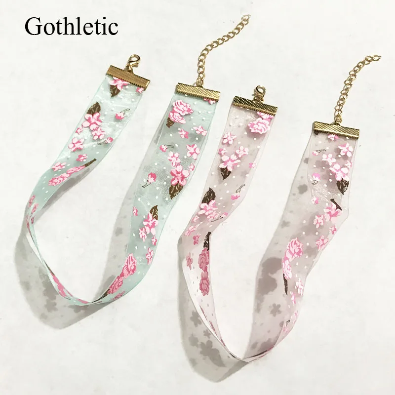 Готический Цветочный кружевной чокер Модный цветочный принт шифоновое прозрачное тканевое ожерелье для женщин Летнее ювелирное изделие