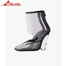 THISONE PVC Clear Heels Sandals Women Sexy Pointed Toe Wedge Transparent High Heels Runway Shoes Ankle Strap Summer Boots Female luchfive individual front zipper ankle boots for women pointed toe clear acrylic wedge heels transparent women short boots