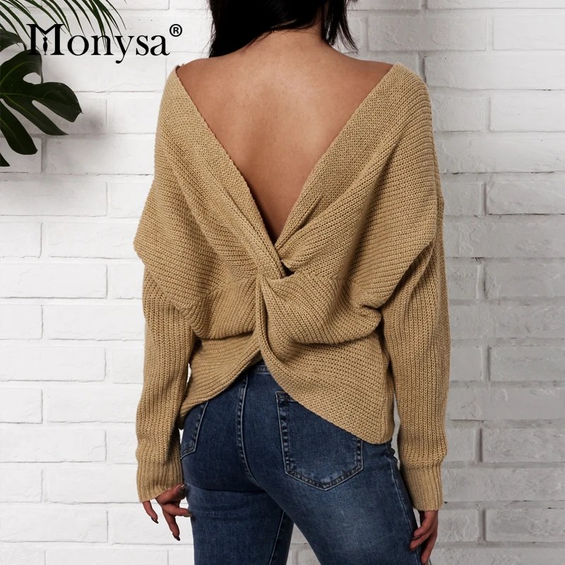 Sexy Criss Cross Backless Knitted Sweater Women 2018 Autumn Winter Fashion Long Sleeve Loose Pullovers Oversized Khaki | Женская одежда