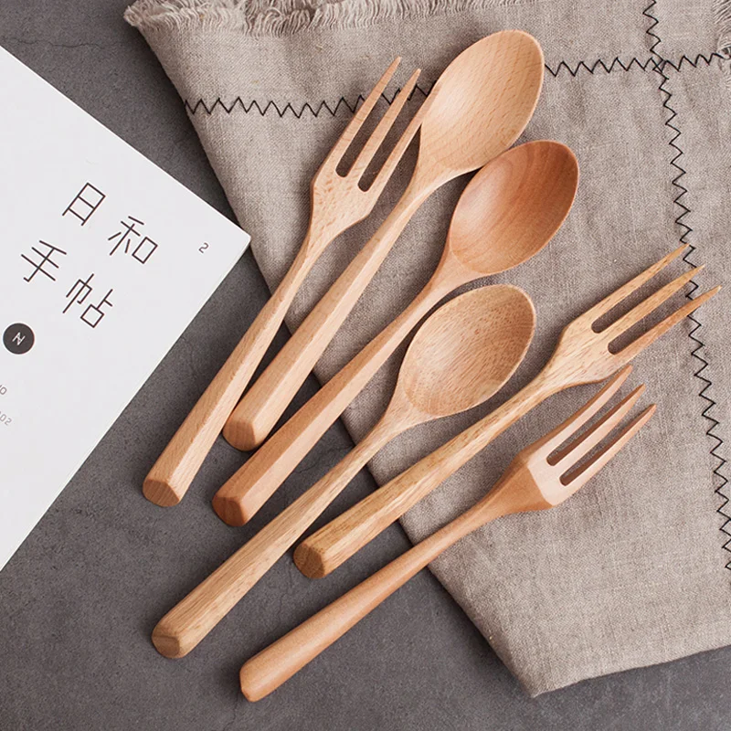 2 Pcs Wood Spoon Fork Cutlery Set Wooden Dinnerware Set Catering Fork Spoon Dinner Table Fork Dessert Soup Spoon Wood Utensils (6)