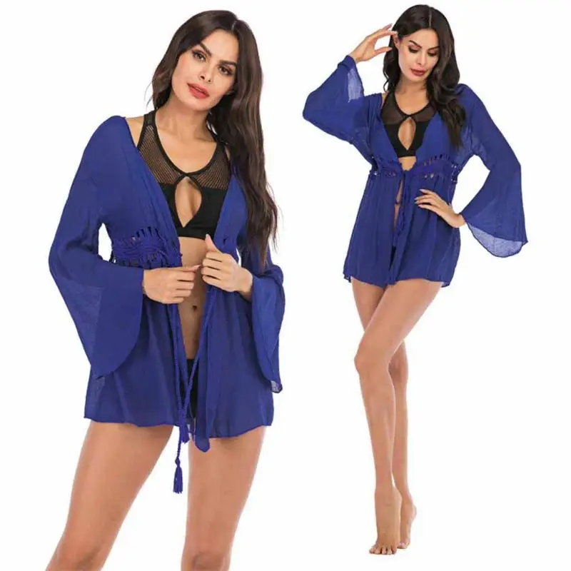 

Women Long Sleeeve Kimono Beach Cardigan Bikini Cover Up Wrap Beachwear Short Blouse
