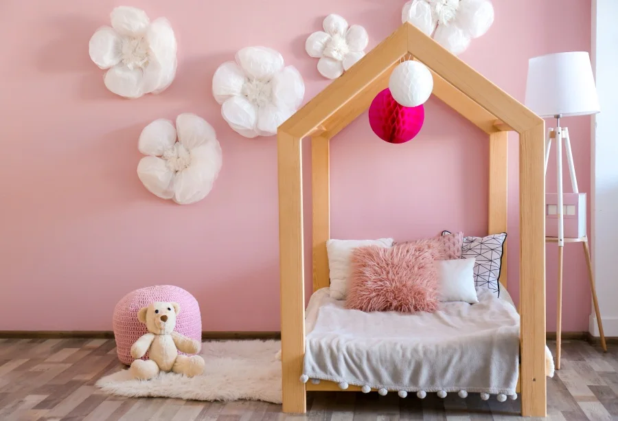 

Laeacco Baby Room Bed Flowers Wall Bear Toy Carpet Lamp Photography Background Customized Photographic Backdrop For Photo Studio