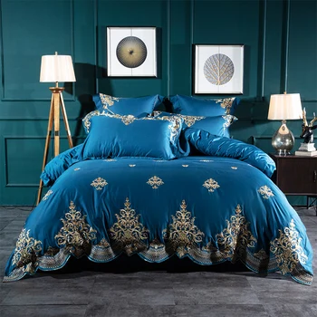 

Luxury 100S Egyptian Cotton European Palace Bedding Set Embroidery Blue Pink Green Red Duvet Cover Bed Sheet/Linen Pillowcases