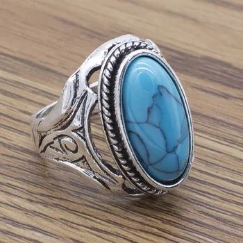 

20 Pieces Vintage Oval Blue Stone Rings for Women and Men Fashion Tin Alloy Silver Plated Wedding Ring Jewelry Factory Cheap