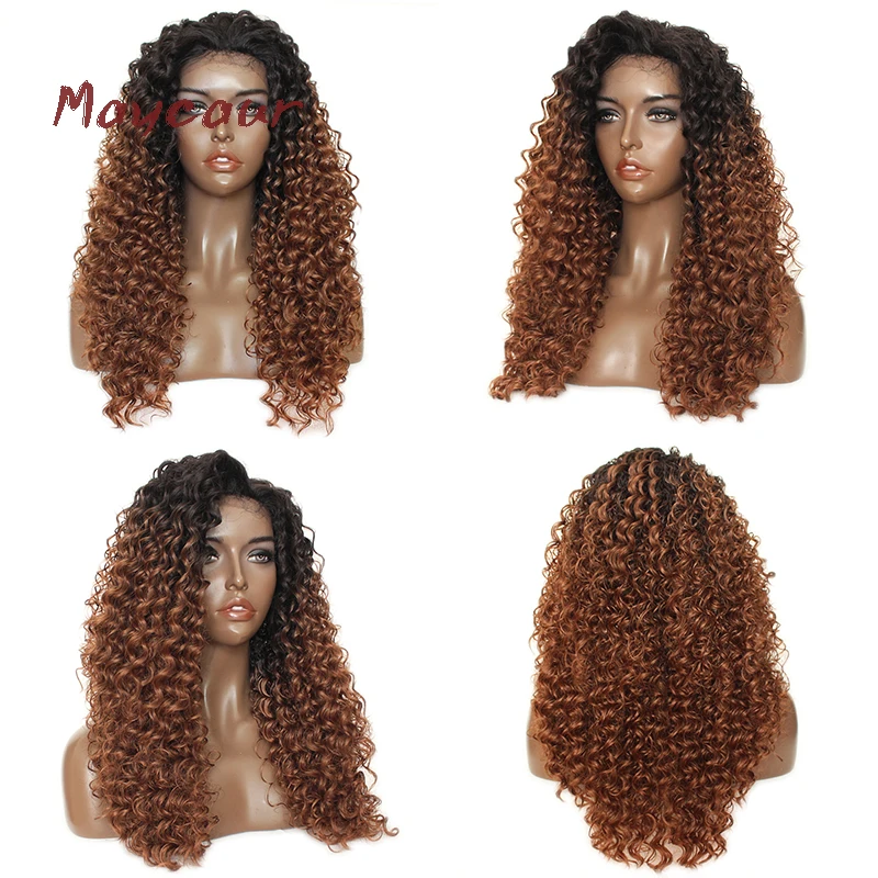 Maycaur Ombre коричневый синтетический парик на кружеве темный корень кудрявые вьющиеся волосы парики термостойкие