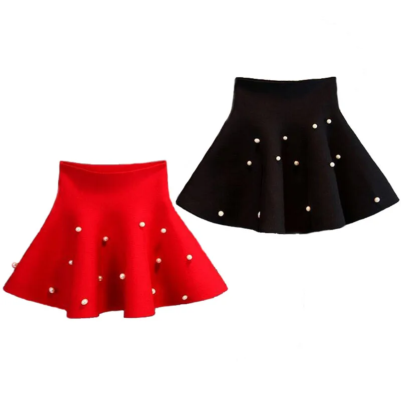 

Luxury Children's Ruffle Skirts with Pearls Studded Spring/Autumn Big Kids Casual Ruched Tutu Skirt for Teenage Girls Black Red