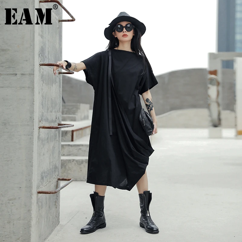 

[EAM] 2019 New Spring Summer Round Neck Short Sleeve Black Fold Buckle Split Joint Big Size Dress Women Fashion Tide JX164