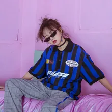 Жасмин Лето BF ретро цвет лацкан полосатый ткань все матч пять букв свободный рукав футболка