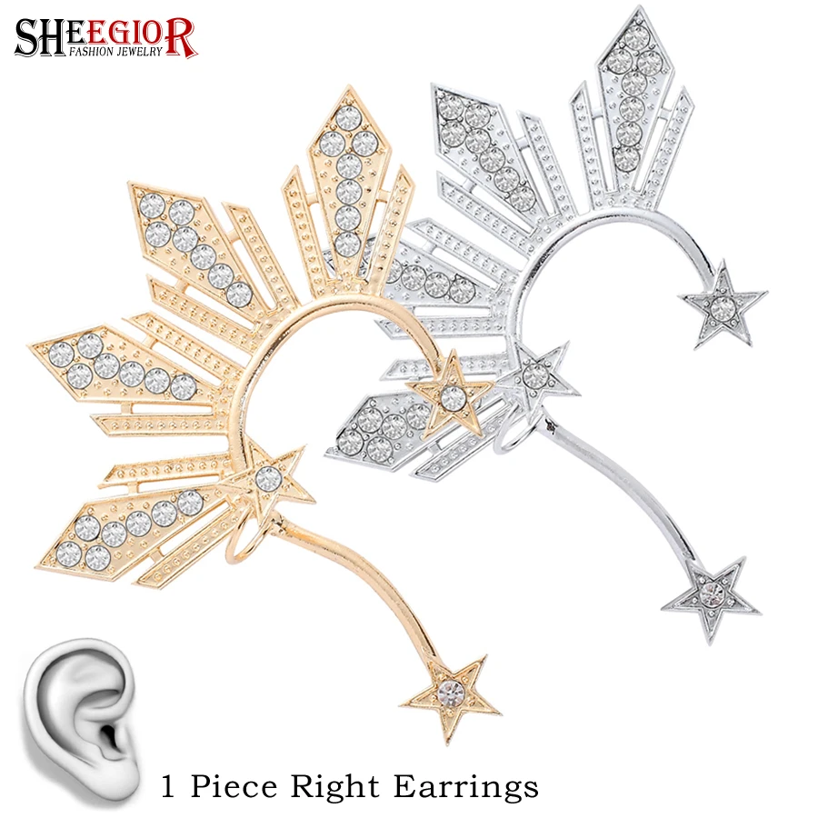 

Gold Crystal Star Ear Clip Earrings for Women Accessories Lovely Hyperbole Rhinestone Stars Big Ear Cuff Earring Fashion Jewelry