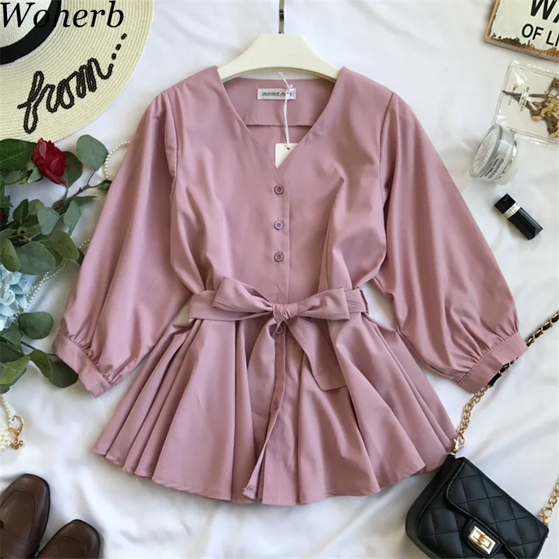 

Woherb 2019 Summer Casual V-neck Ruffles Shirt Women Bandage Blouse Elegant Single-breasted Blusas Office Shirts Femme 20728