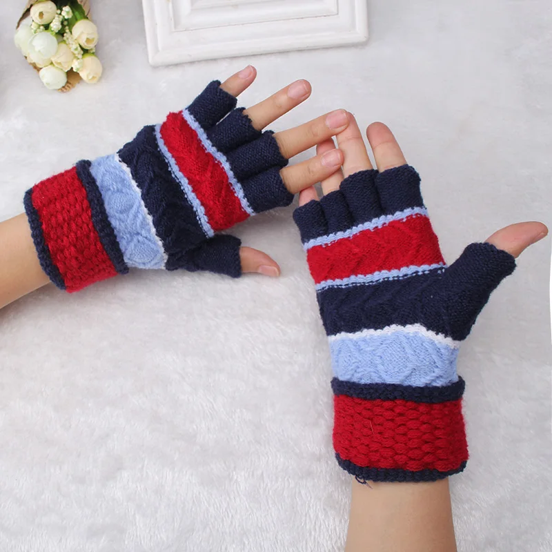 

M MISM Fashion Striped Patchwork Women's Fingerless Gloves Thick Warm Knitted Pull Femme Hiver Gloves Guantes Mujer Rekawiczki