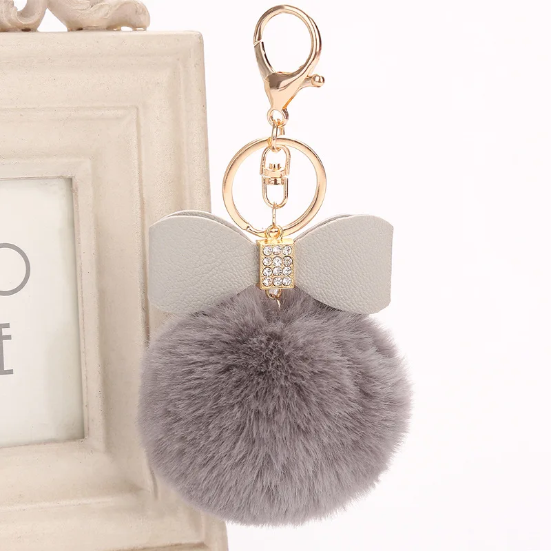 

Pompom Women Trinkets Leather Bow Rhinestone Keychain Charm Pompon Keyring Fluffy Faux Rabbit Fur Ball Key Chains For Car Bag