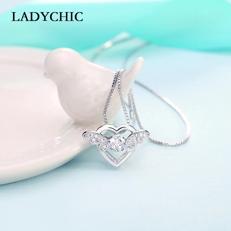 

LADYCHIC Trendy Love Heart Crystal Pendant Angel Wings Silver Color Necklace for Women Girl Festival Gift Drop Shipping LN1118