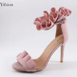 Olomm/новые женские босоножки элегантные пикантные босоножки на тонком высоком каблуке с оборками красивая розовая обувь для выпускного