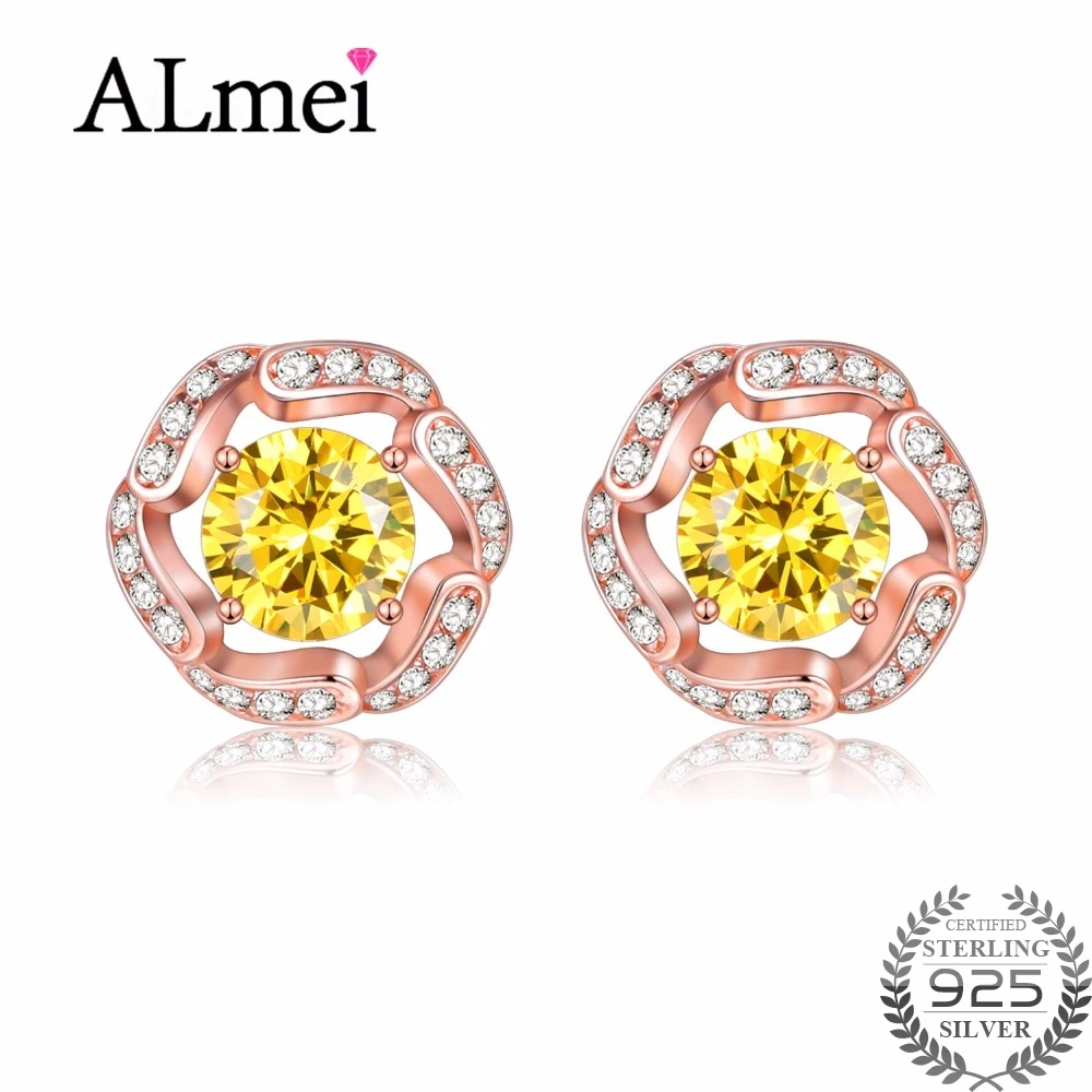 

Almei Yellow Citrine Wintersweet Rose Gold Color Flower Earrings 925 Sterling Silver Wedding Jewelry with Box 40% FR008