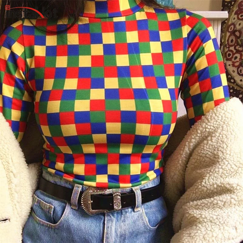 

InstaHot Colorful Mock Neck Plaid Bodysuits Women Long Sleeve Checkered Print Elastic Skinny Bodysuit Sexy Streetwear 2019 Tops