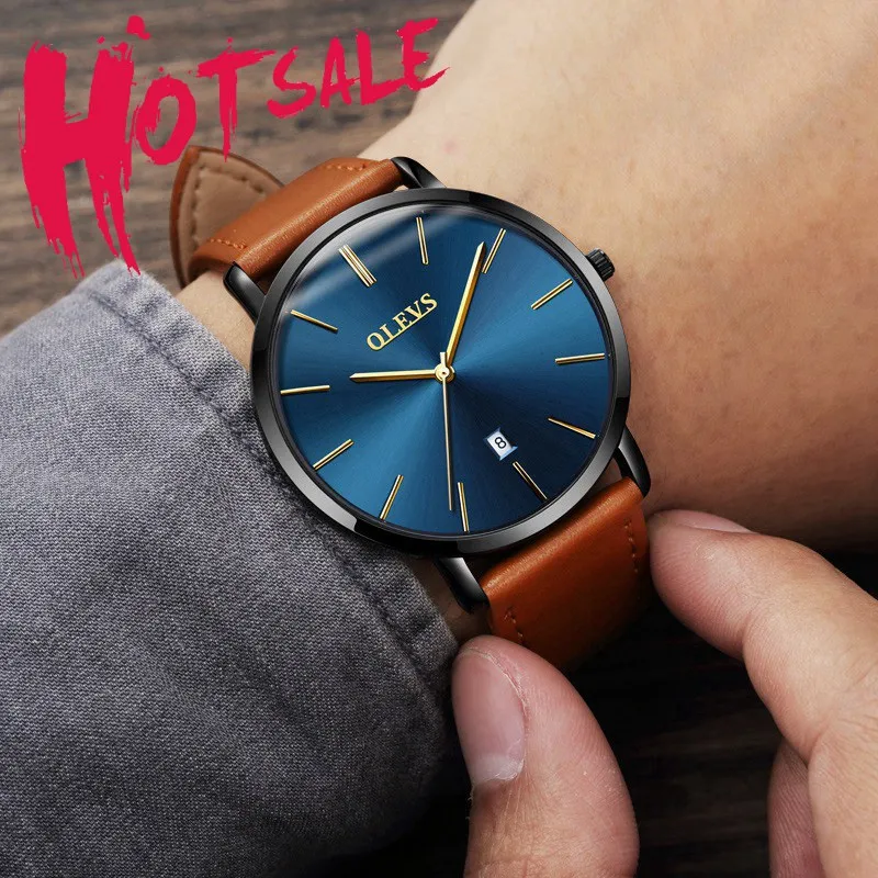 Ультра тонкие мужские часы лучший бренд класса люкс Натуральная кожа повседневные Кварцевые водонепроницаемые наручные часы для мужчин s Relogio Masculino мужские часы - Цвет: New yellow blue M2