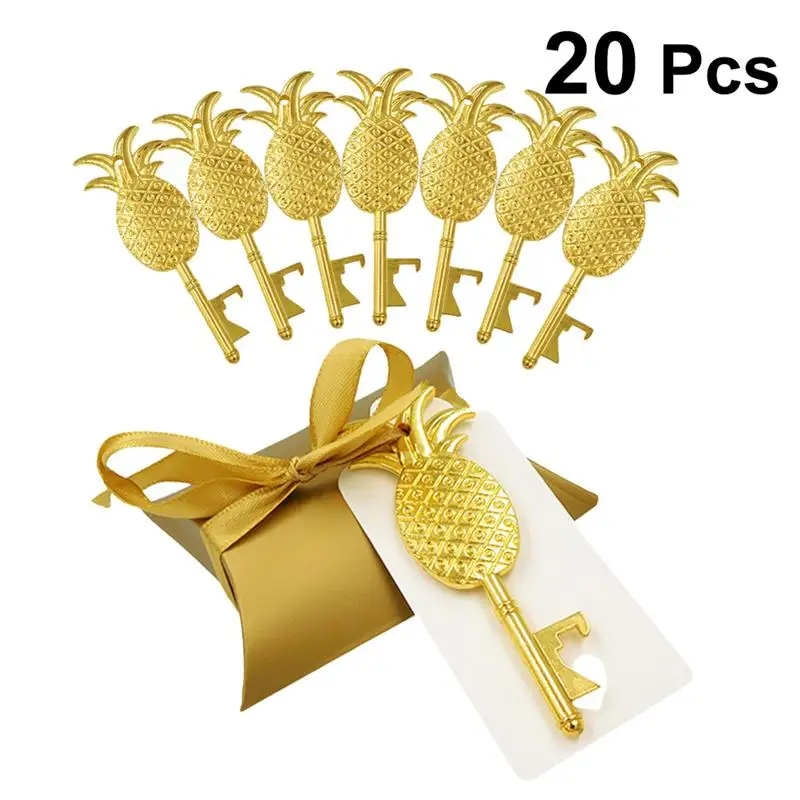 

20pcs Creative Pillow Candy Boxes Cardboard Paper Gift Boxes With Golden Pineapple Shaped Bottle Opener For Wedding Party