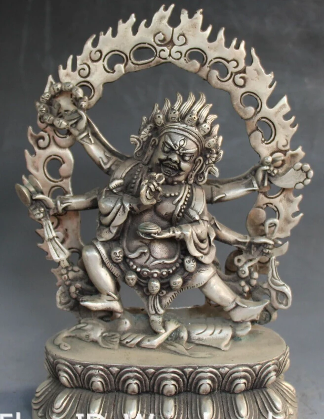 

Tibet Buddhism Silver Carving Six Arms Mahakala Wrathful Deity Hold Faqi Statue
