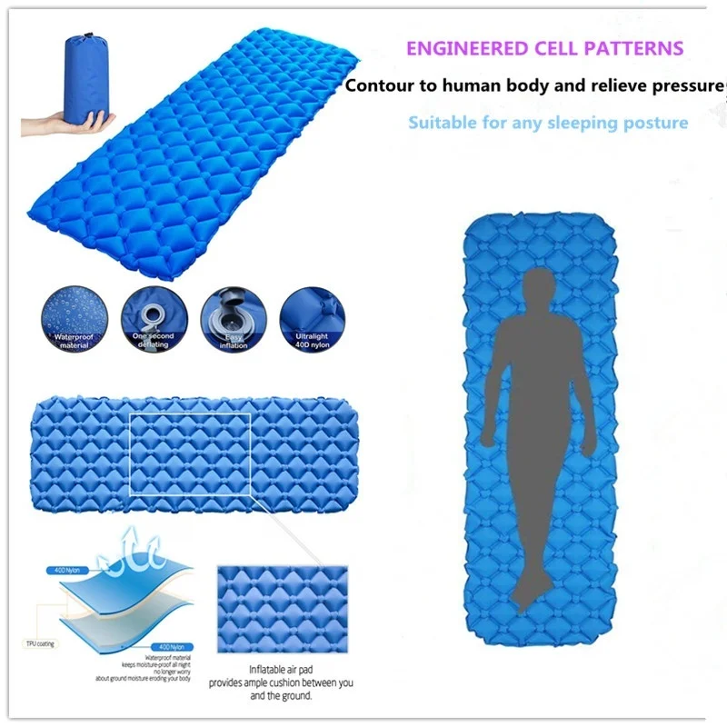 Портативный наружный надувной коврик для кемпинга нейлоновый легкий Сверхлегкий компактный водонепроницаемый воздушный походный коврик