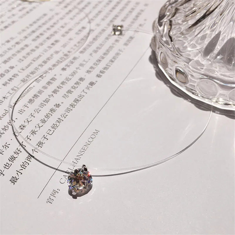 Transparent Female Fishing Line Necklace Silver Heart Invisible Chain Crystal Rhinestone Choker Necklace Pendant on Line Neck