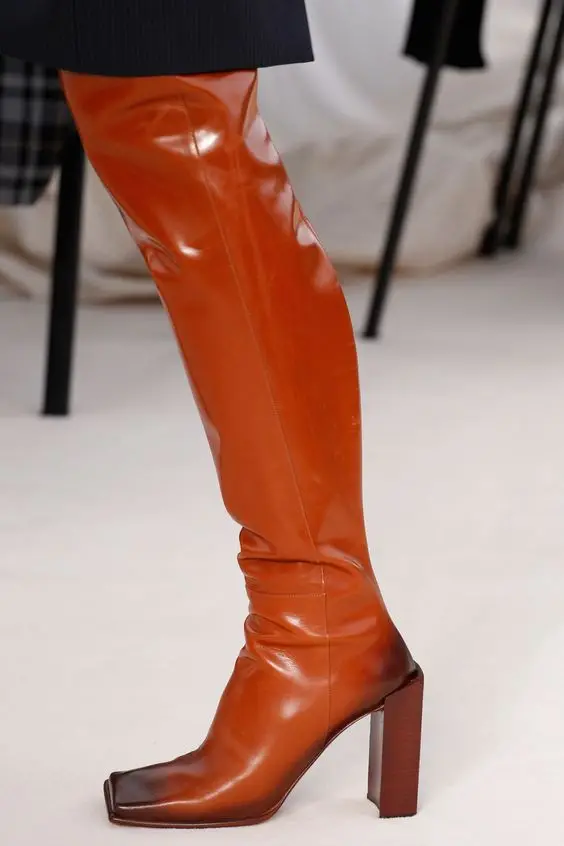 

2018 Newest Sexy Thigh High Boots Fashion Brown Leather Women Over The Knee Boots Sexy Sqaure Toe Ladies High Heel Knight Boots