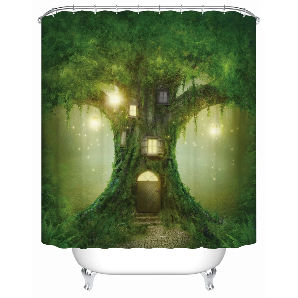 

Bathroom Products Printed Polyester Bath Curtain forest house Style Shower Curtain