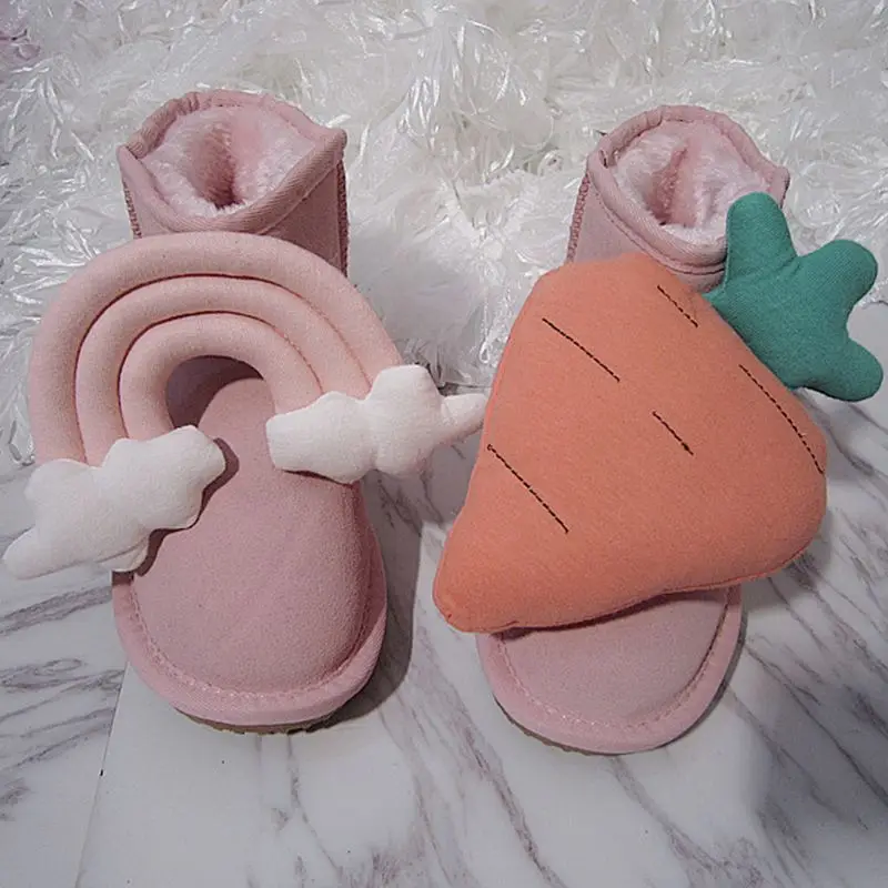 

Womens Round Toe Ankle Boots Carrot Rainbow Decor Snow Lolita Warm Winter Thicken Sweet Flats Shoes Black Pink A1225