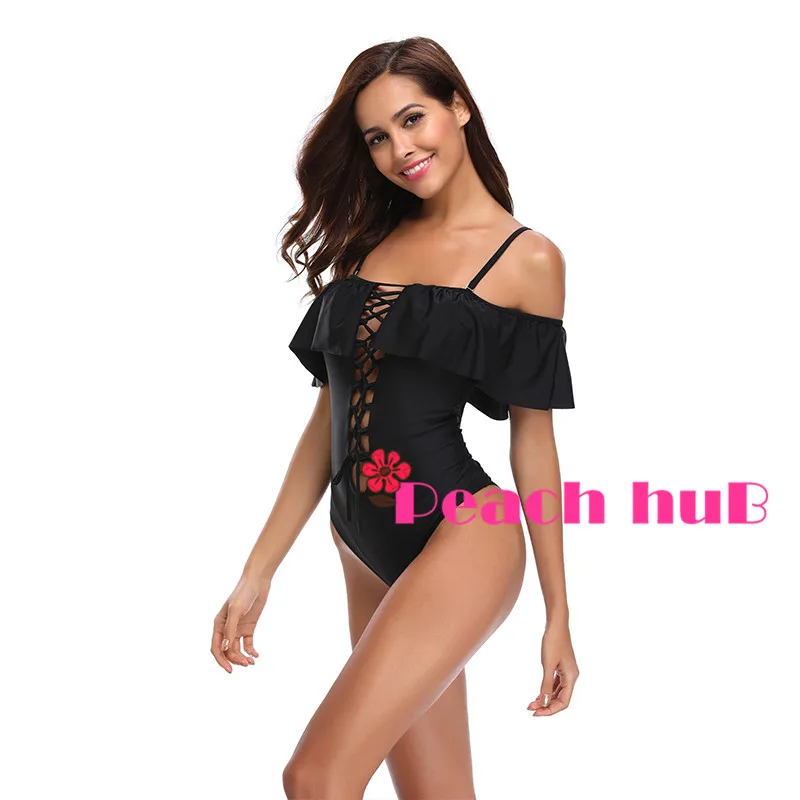 One Piece Swimwear Black Swimsuit Ruffle Sleeve Swimsuit Off Shouder Push Up Swimwear Women Trikini Swim Suit Bandage (4)