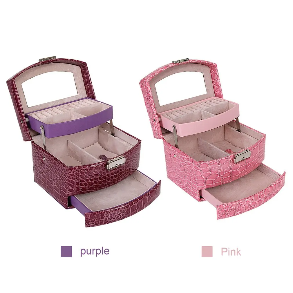 High Grade Jewelry Display Box Leather 3 Layers Ring Necklace Jewelry Carrying Case Crocodile Print Lady Gift Jewelry Packaging