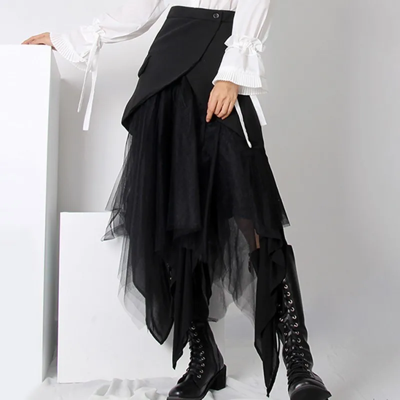 TWOTWINSTYLE Лоскутная сетчатая Асимметричная Женская юбка с высокой талией, черные юбки, женская модная одежда, осень, новинка, большие размеры