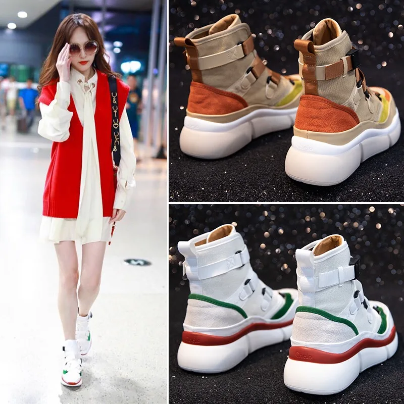 

High Top Stars Shoes Women Sneakers Cow Leather Breathable Cotton Casual Mixed Colors Leisure Female High Heel 5cm Women Shoes