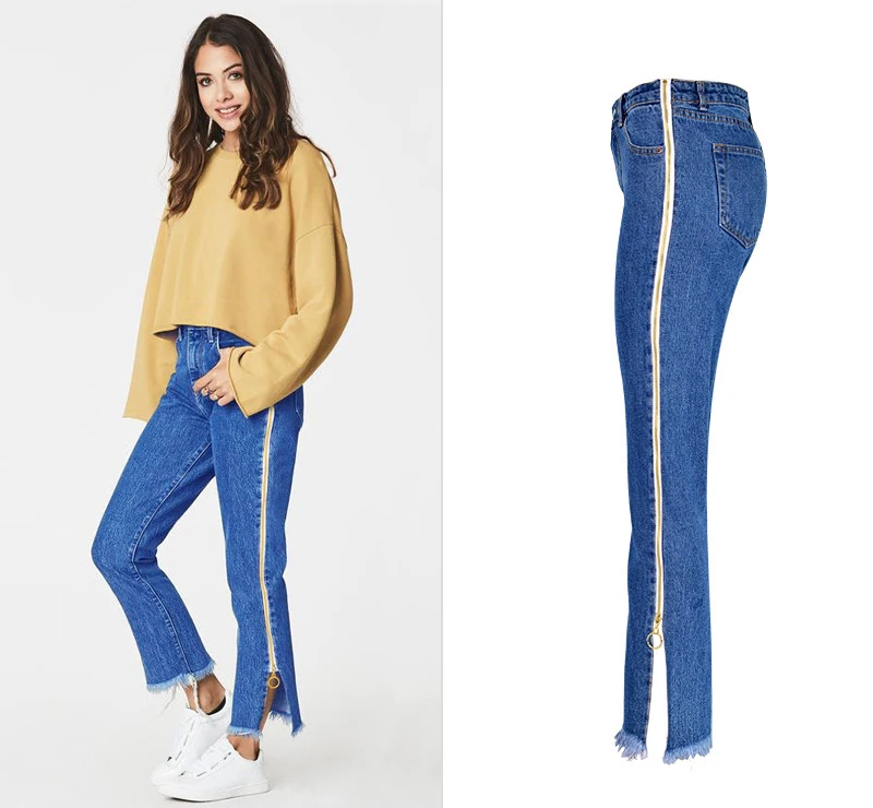 Europe and the United States women's high waist loose straight jeans nine pants bilateral zipper adjustment tassel tassels up to people section (4)