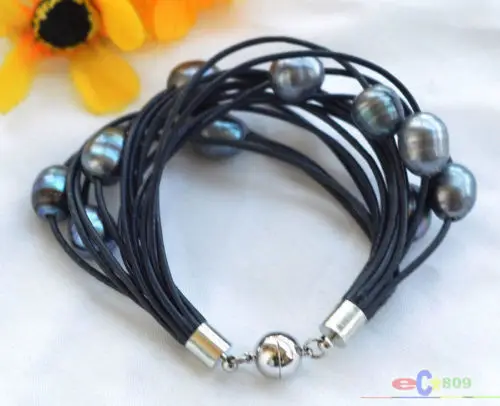 

15row 8" 13mm peacock rice freshwater pearl black leather Bracelet