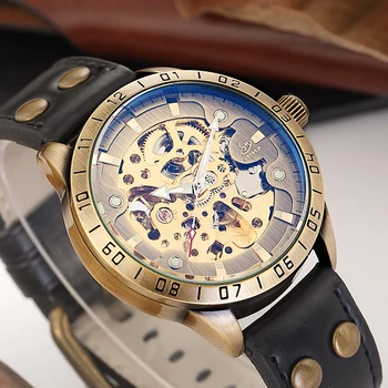 

New Fashion Mens Mechanical Watch Retro Skeleton Steampunk Leather Automatic Mechanical Wristwatch Men Clock Gift