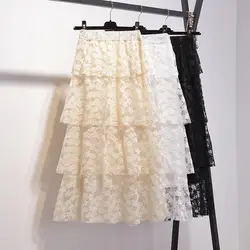 Летняя женская юбка, Модная элегантная многослойная кружевная юбка с рюшами, эластичная высокая талия, женские миди юбки до середины икры
