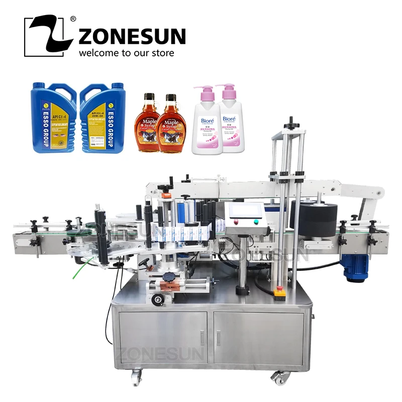 

ZONESUN Automatic Double-sided Sticker Irregular Square Flat Plastic Bottle Cream Laundry Detergent Sanitizer Labeling Machine