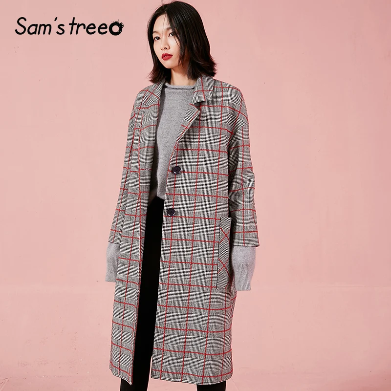 

Samstree Plaid Women Wool Coats Pocket Winter Wide-waisted Single Breasted Female Harajuku Long Straight Coat