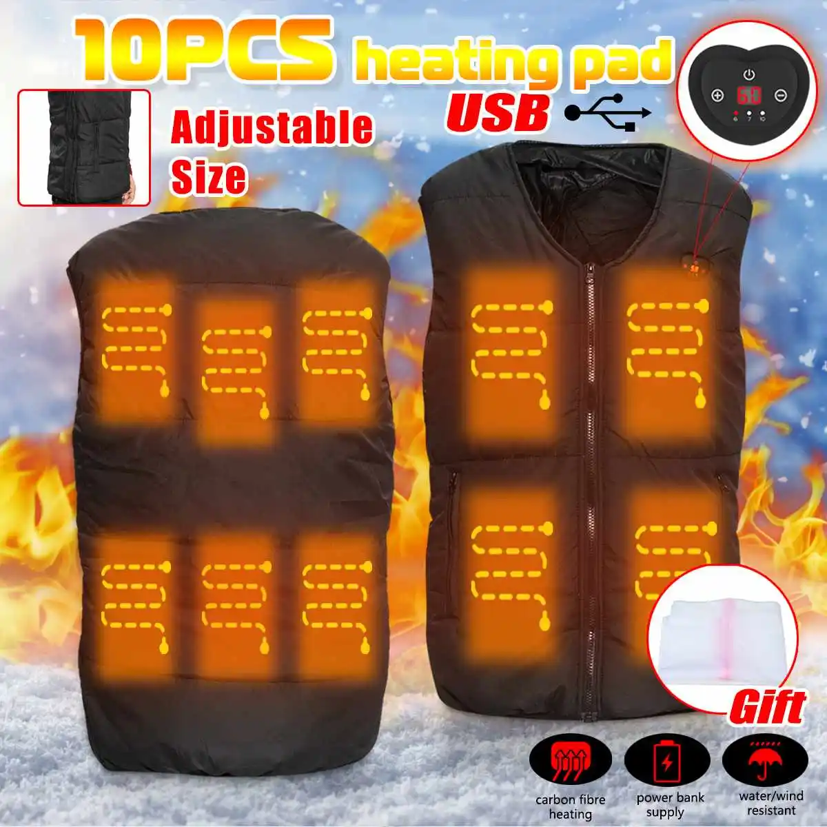 

10 Heating Pads Electric Heated Vest Men LED Display Waterproof 3 Modes Winter Waistcoat USB Thermal Warm Fast Heat Jacket Gift