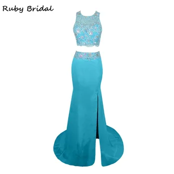 

Ruby Bridal 2017 Vestido De Festa Evening Dresses Blue Chiffon Appliques Beaded Luxury Mermaid Two Pieces Party Prom Gown KE61