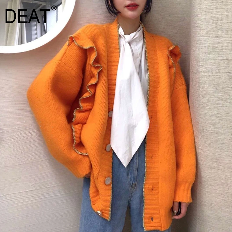 

[DEAT] 2020 New Spring Autumn V-Neck Long Sleeve Knitting Ruffles Single Breasted Loose Jacket Women Coat Fashion Tide 10D372