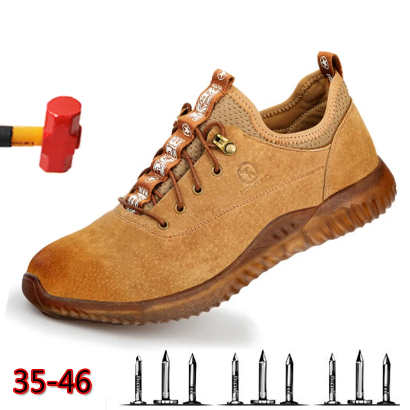 Защитная обувь из коровьей замши, Мужская модная дышащая Рабочая обувь со стальным носком, защитная конструкция, большие размеры 36-46