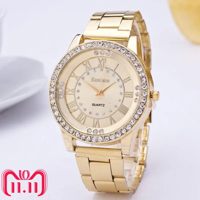 Kanima Элитный бренд Нейтральный Кварцевые часы Для мужчин и Для женщин Diamond золотые часы Нержавеющая сталь аналоговые часы моды для подарка